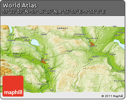 Physical 3D Map of the Area around 59° 34' 34" N, 9° 25' 30" E