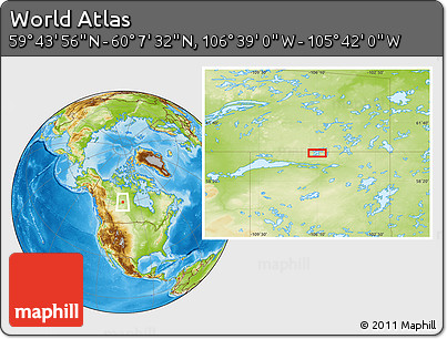 Physical Location Map of the Area around 59° 55' 44" N, 106° 10' 30" W