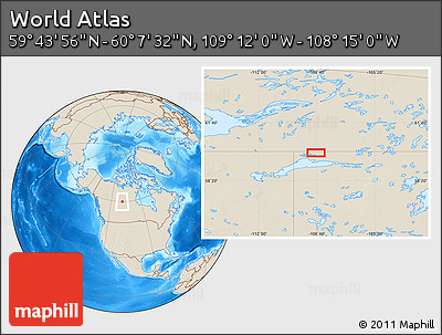 Shaded Relief Location Map of the Area around 59° 55' 44" N, 108° 43' 29" W