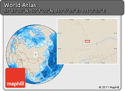 Shaded Relief Location Map of the Area around 59° 55' 44" N, 110° 34' 29" E