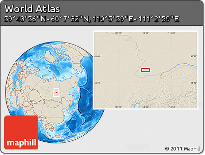 Shaded Relief Location Map of the Area around 59° 55' 44" N, 110° 34' 29" E