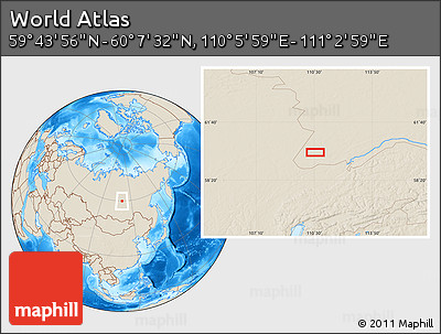 Shaded Relief Location Map of the Area around 59° 55' 44" N, 110° 34' 29" E