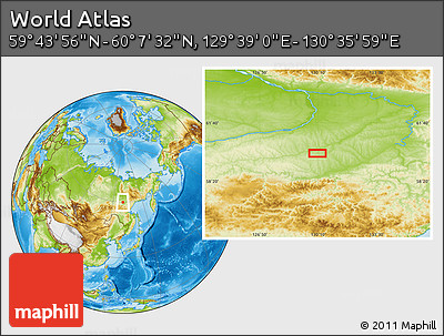 Physical Location Map of the Area around 59° 55' 44" N, 130° 7' 30" E
