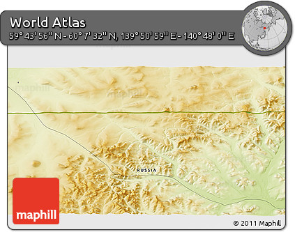 Physical 3D Map of the Area around 59° 55' 44" N, 140° 19' 29" E