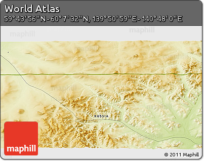 Physical 3D Map of the Area around 59° 55' 44" N, 140° 19' 29" E