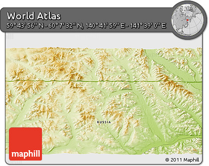Physical 3D Map of the Area around 59° 55' 44" N, 141° 10' 30" E