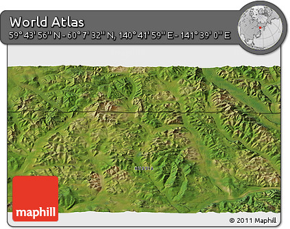 Satellite 3D Map of the Area around 59° 55' 44" N, 141° 10' 30" E