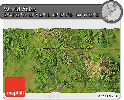 Satellite 3D Map of the Area around 59° 55' 44" N, 143° 43' 29" E