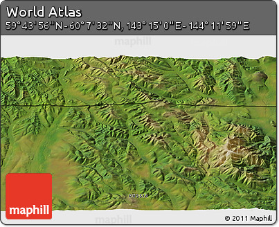 Satellite 3D Map of the Area around 59° 55' 44" N, 143° 43' 29" E