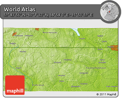 Physical 3D Map of the Area around 59° 55' 44" N, 15° 22' 30" E
