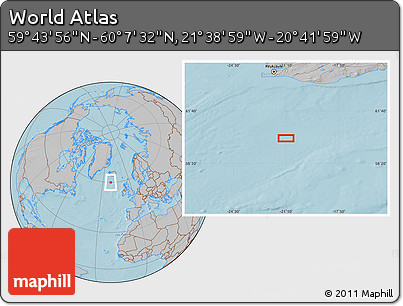 Gray Location Map of the Area around 59° 55' 44" N, 21° 10' 29" W, hill shading