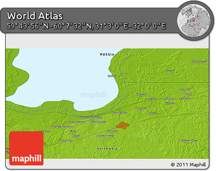 Physical 3D Map of the Area around 59° 55' 44" N, 31° 31' 29" E
