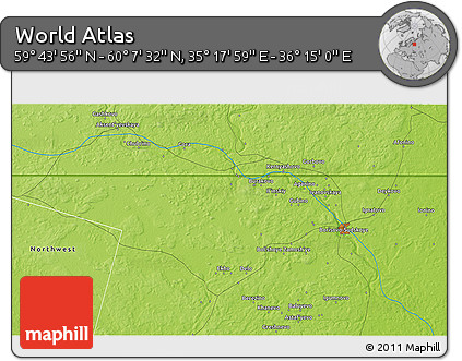 Physical 3D Map of the Area around 59° 55' 44" N, 35° 46' 29" E