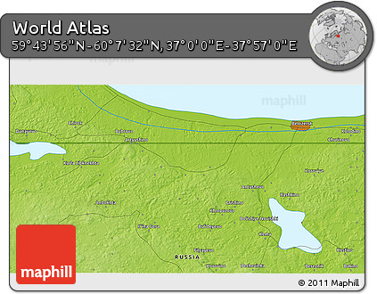 Physical 3D Map of the Area around 59° 55' 44" N, 37° 28' 30" E