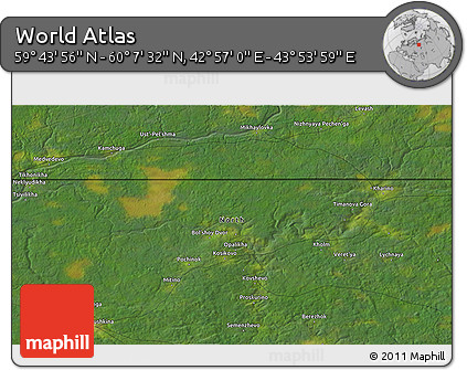 Satellite 3D Map of the Area around 59° 55' 44" N, 43° 25' 29" E
