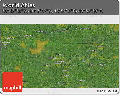 Satellite 3D Map of the Area around 59° 55' 44" N, 43° 25' 29" E