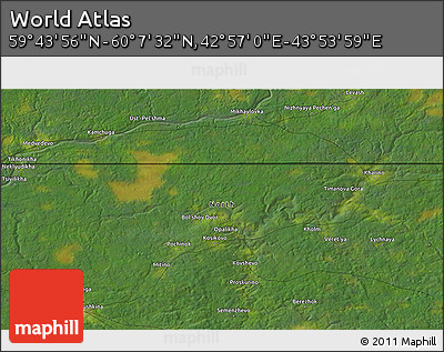 Satellite 3D Map of the Area around 59° 55' 44" N, 43° 25' 29" E
