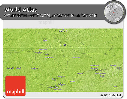 Physical 3D Map of the Area around 59° 55' 44" N, 44° 16' 29" E