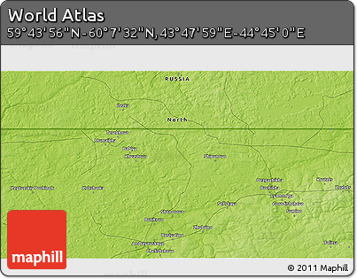 Physical 3D Map of the Area around 59° 55' 44" N, 44° 16' 29" E