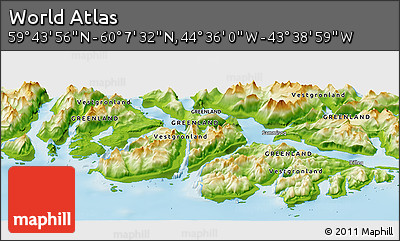 Physical Panoramic Map of the Area around 59° 55' 44" N, 44° 7' 30" W