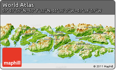 Physical Panoramic Map of the Area around 59° 55' 44" N, 44° 7' 30" W