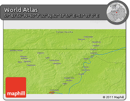 Physical 3D Map of the Area around 59° 55' 44" N, 52° 46' 29" E