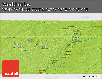 Physical 3D Map of the Area around 59° 55' 44" N, 52° 46' 29" E