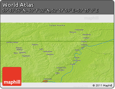 Physical 3D Map of the Area around 59° 55' 44" N, 52° 46' 29" E