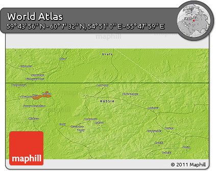 Physical 3D Map of the Area around 59° 55' 44" N, 55° 19' 30" E