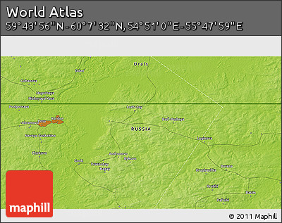 Physical 3D Map of the Area around 59° 55' 44" N, 55° 19' 30" E