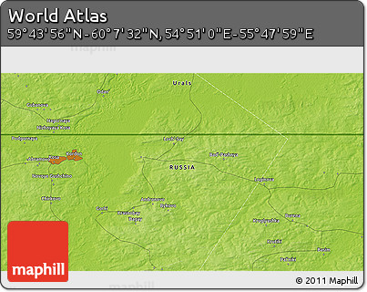 Physical 3D Map of the Area around 59° 55' 44" N, 55° 19' 30" E