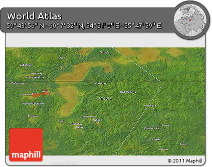 Satellite 3D Map of the Area around 59° 55' 44" N, 55° 19' 30" E