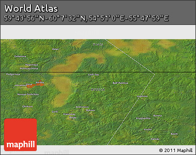 Satellite 3D Map of the Area around 59° 55' 44" N, 55° 19' 30" E