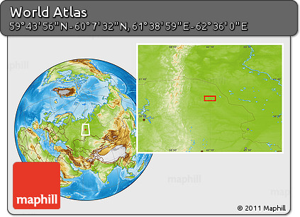 Physical Location Map of the Area around 59° 55' 44" N, 62° 7' 30" E