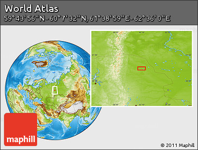 Physical Location Map of the Area around 59° 55' 44" N, 62° 7' 30" E