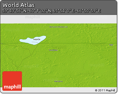 Physical 3D Map of the Area around 59° 55' 44" N, 66° 22' 30" E