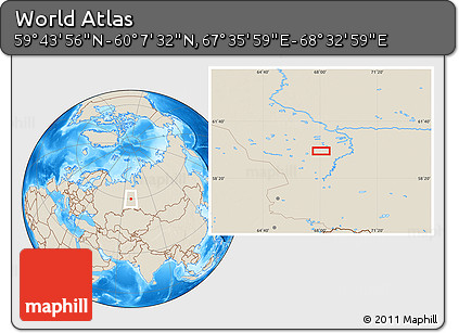 Shaded Relief Location Map of the Area around 59° 55' 44" N, 68° 4' 29" E