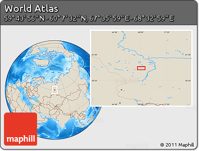 Shaded Relief Location Map of the Area around 59° 55' 44" N, 68° 4' 29" E