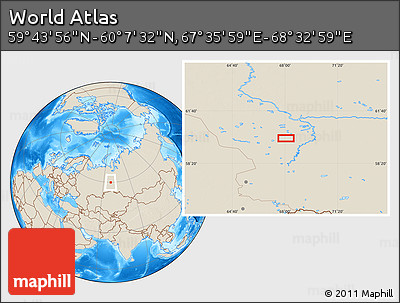 Shaded Relief Location Map of the Area around 59° 55' 44" N, 68° 4' 29" E