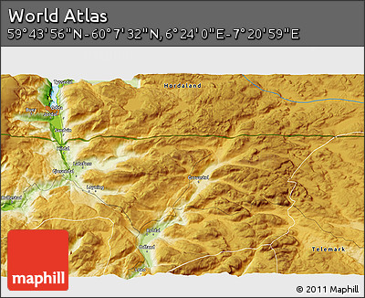 Physical 3D Map of the Area around 59° 55' 44" N, 6° 52' 30" E