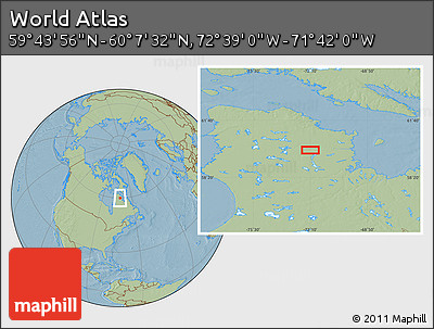 Savanna Style Location Map of the Area around 59° 55' 44" N, 72° 10' 30" W, hill shading