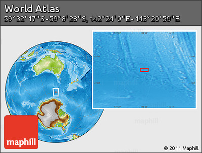 Physical Location Map of the Area around 59° 20' 22" S, 142° 52' 30" E