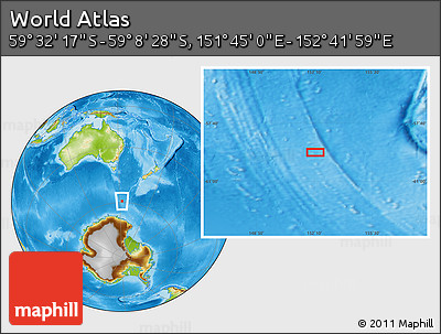 Physical Location Map of the Area around 59° 20' 22" S, 152° 13' 29" E