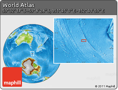 Physical Location Map of the Area around 59° 20' 22" S, 152° 13' 29" E