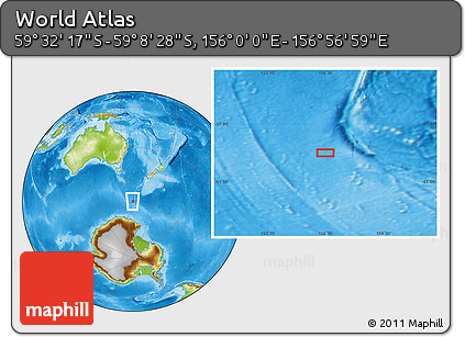 Physical Location Map of the Area around 59° 20' 22" S, 156° 28' 29" E