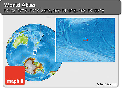 Physical Location Map of the Area around 59° 20' 22" S, 168° 22' 30" E