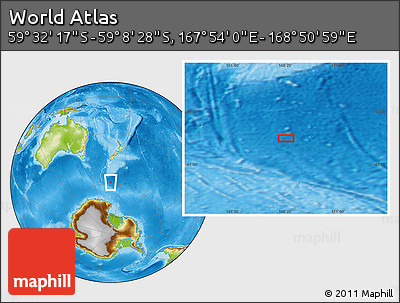 Physical Location Map of the Area around 59° 20' 22" S, 168° 22' 30" E