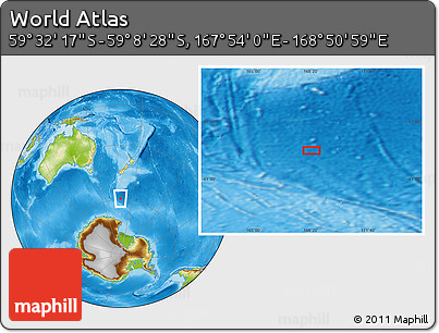 Physical Location Map of the Area around 59° 20' 22" S, 168° 22' 30" E