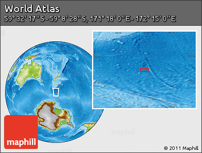 Physical Location Map of the Area around 59° 20' 22" S, 171° 46' 30" E