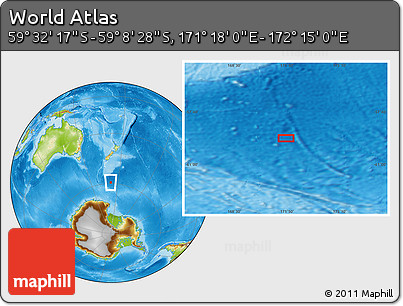 Physical Location Map of the Area around 59° 20' 22" S, 171° 46' 30" E